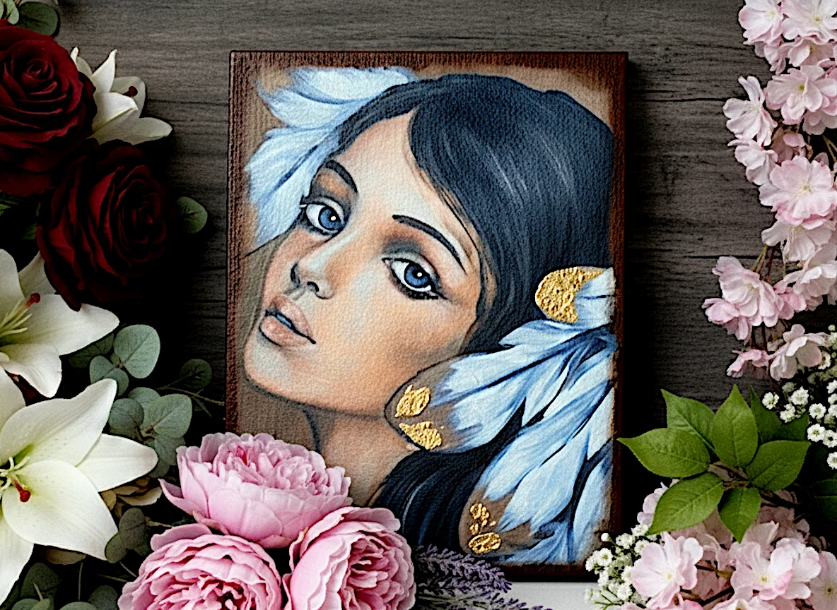 Anioł stróż na desce 20x15cm