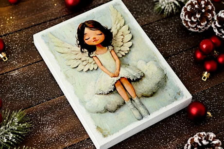 Aniołek Stróż na desce Decoupage 20x15cm